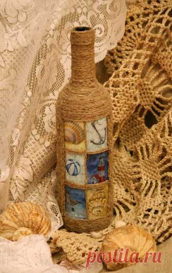 Декорирование стеклянных бутылок шпагатом — Делаем руками