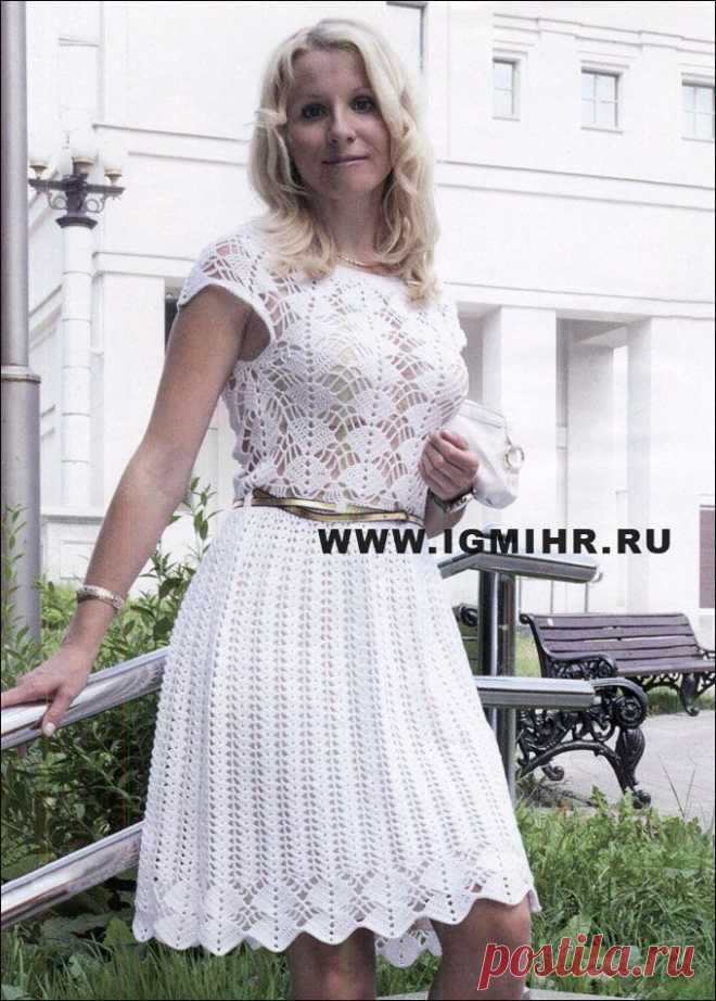 Нарядное белое платье с роскошным ажуром. Крючок