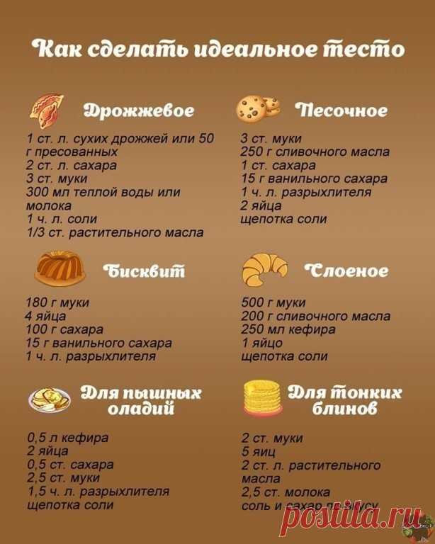 7 видов теста, которые обязательно стоит научиться готовить 
Сохраните в заметки. 
 
1. Тесто для пиццы 
 
Попробуйте приготовить вкусную и ароматную пиццу на тонком хрустящем корже — вы удивитесь, как это просто. Но для начала запомните несколько базовых правил: 
Обязательно просеивайте муку — это насытит ее кислородом и сделает тесто мягким и воздушным. 
Для теста используйте только качественные дрожжи, иначе тесто плохо поднимется и будет иметь неприятный пивной запах. ...