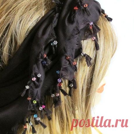 Black Scarf beaded Scarf Cotton Scarf Cowl Scarf by selenayy