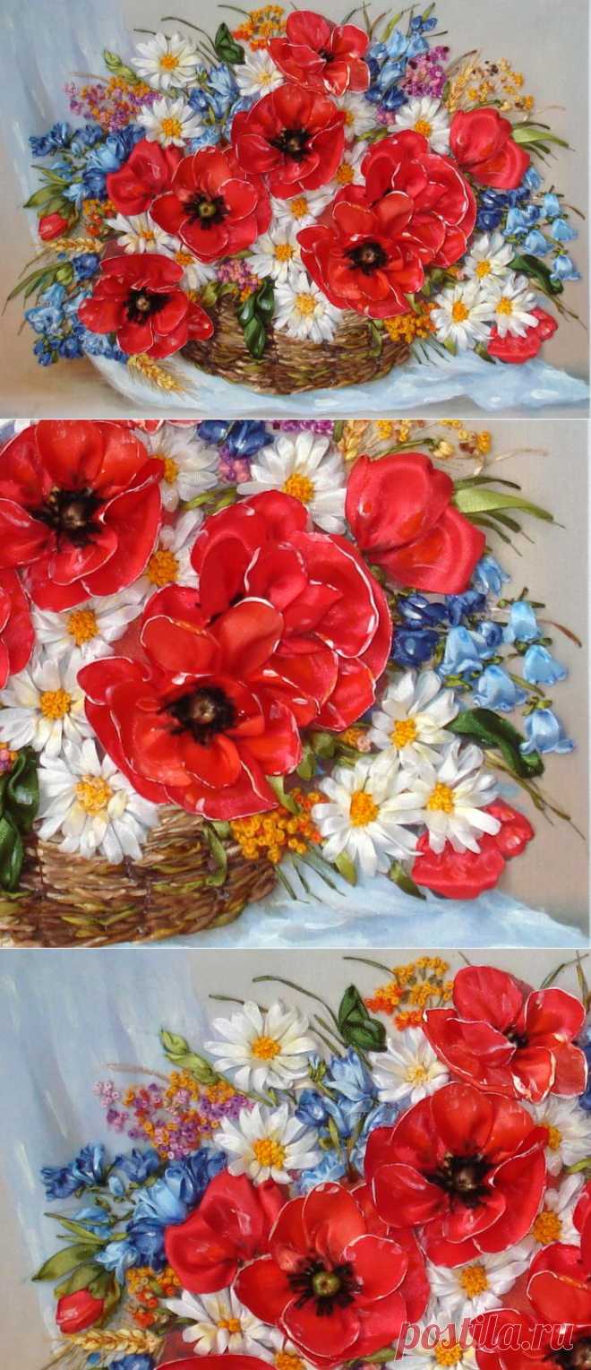 Корзинка с луговыми цветами / Вышивка / Вышивка лентами