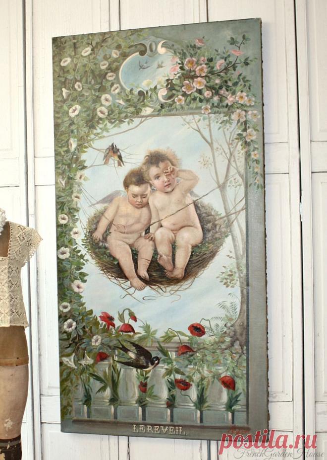 19 век французский Оригинальная картина маслом Амуры после Lobrichon Le Reveil