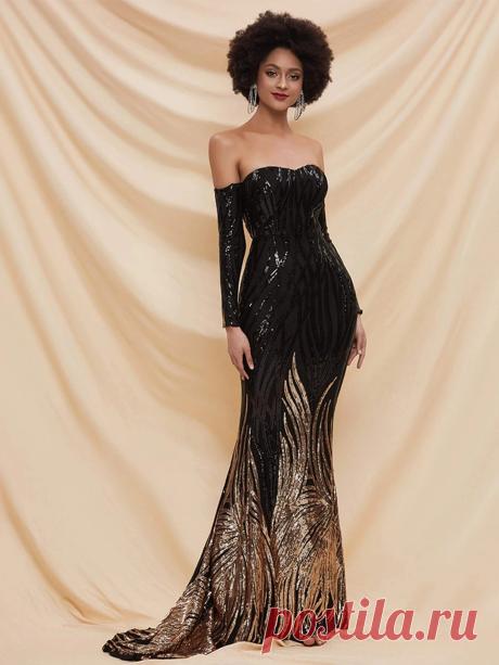 vestido de fiesta bajo de sirena con lentejuelas de color combinado de hombros descubiertos | Mode de Mujer | SHEIN España