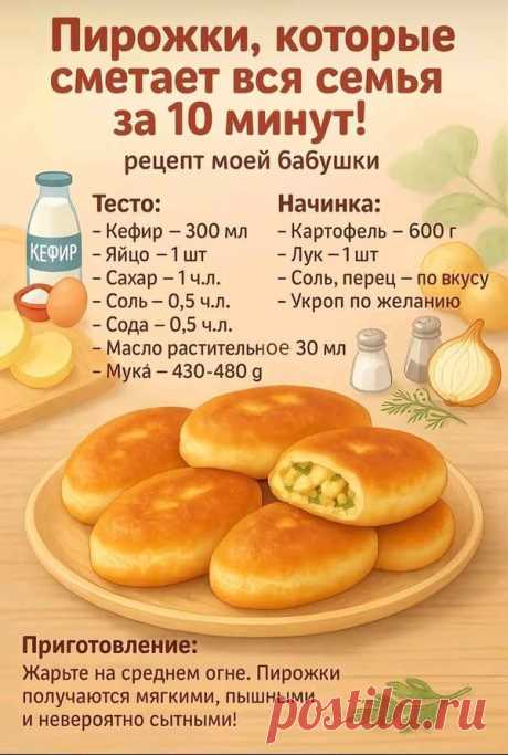 Пирожки, которые сметает вся семья за 10 минут! рецепт моей бабушки Начинка: -Картофель- 600r -Лук-1ш -Соль, ,перец- - по вкусу -Укроп по желанию КЕФИР Тесто: -Кефир -300 мл -Яйцо- -Сахар-1ч.л. -Сахар -Соль-о 0,5 ч.Л. -Сода-0,5 -0,5 ч.Л. Масло растительное 30 мл -Мγκа κά-430-480 g Приготовление: Жарьте на среднем огне. Пирожки получаются мягкими, пышными и невероятно сытными!