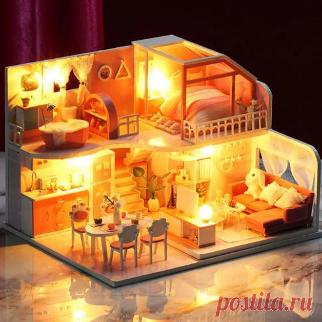 Iie create k056 half summer time theme diy doll house model assembled toys with lights, dust cover, and furniture Sale - Banggood.com