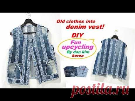 DIY 청바지-꽃무늬배색 스트라이프 청조끼로 리폼 floral stripe denim vest