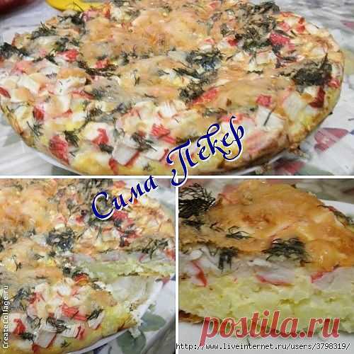 Рисовая запеканка с сыром и крабовыми палочками.