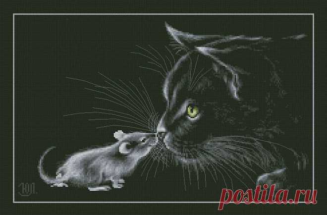 Кошка с мышкой...вышивка на черной канве.