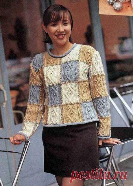 Женский разноцветный пуловер с аранами .