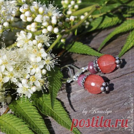 Купить Серьги с кварцем и рубином &quot;Cherry&quot; - коралловый, серебро 925 пробы, серебро, 925 проба