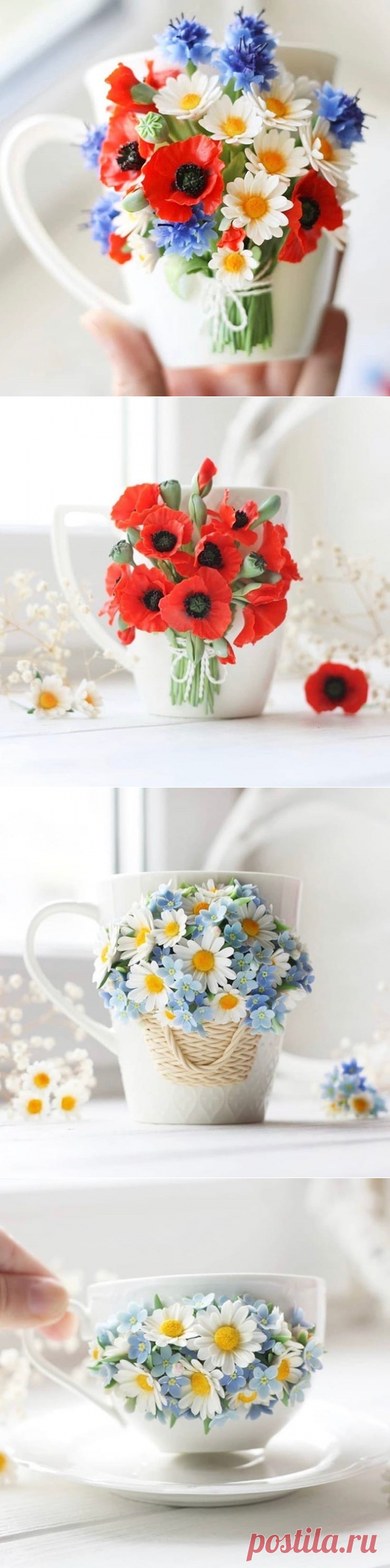 *🌸Цветочные букеты из полимерной глины на кружках... | ГЛИНОМАНИЯ: все о лепке! Полимерная глина!