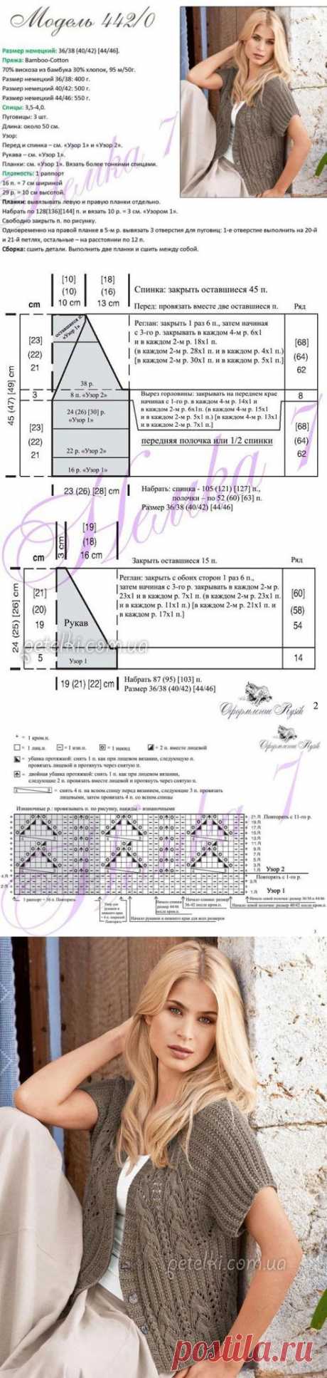 Очаровательный жакетик с коротким рукавом. Описание вязания, схемы