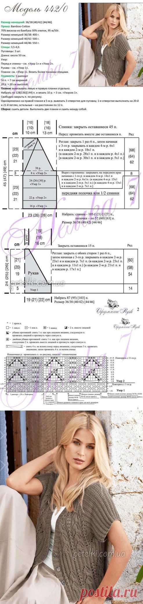 Очаровательный жакетик с коротким рукавом. Описание вязания, схемы