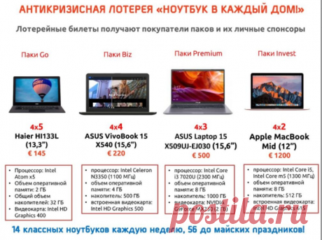 Друзья!
Мы все перешли на удалёнку!
И если в семье есть дети, то каждому для онлайн обучения нужен отдельный компьютер, планшет или ноутбук! Да и родителям тоже!
Я вам предлагаю попытку выиграть ноутбук!
Антикризисная лотерея &quot;Наутбук в каждый дом&quot;!
Если вас интересует каким образом???, пишите в личку.