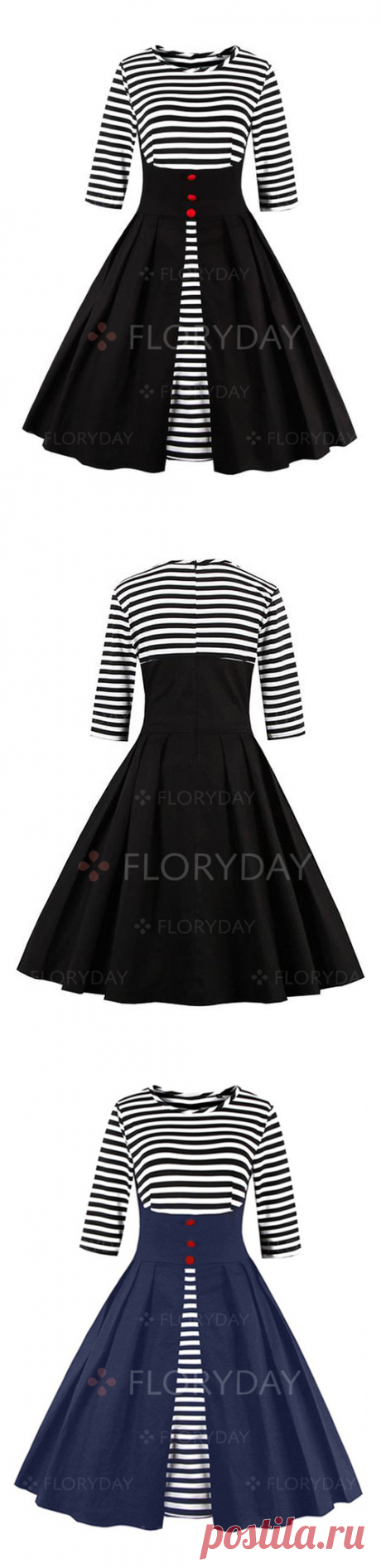 Floryday - Винтажное платье из хлопока длины миди в полоску с средними рукавами (1955126219)