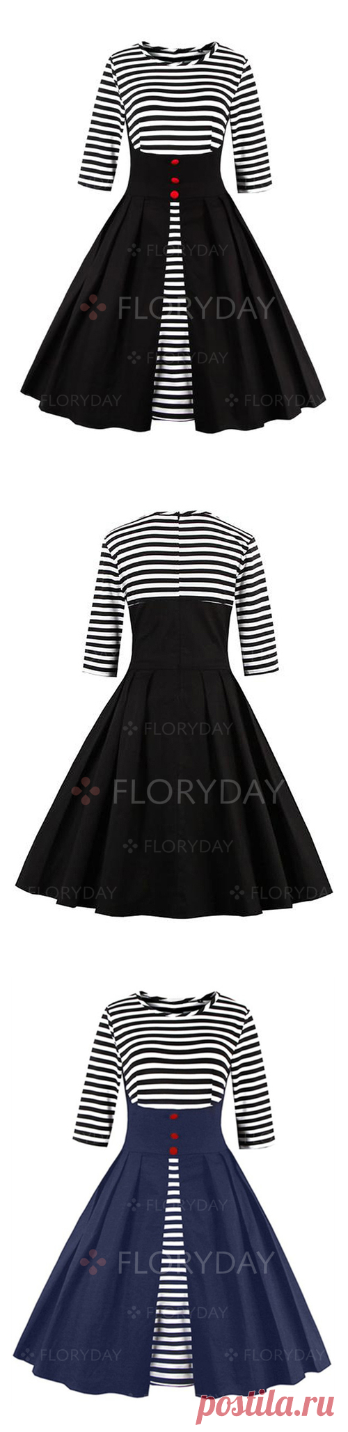 Floryday - Винтажное платье из хлопока длины миди в полоску с средними рукавами (1955126219)