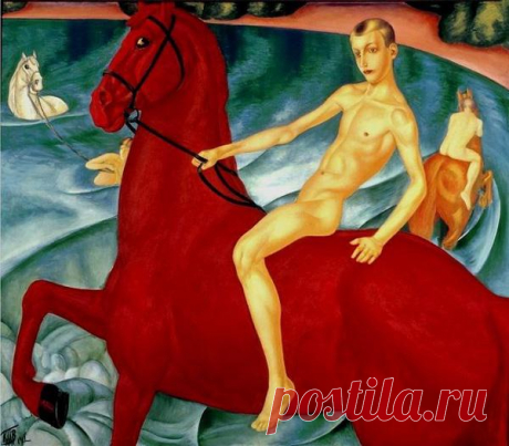 Петров-Водкин &quot;Купание красного коня&quot; (1912) Почему конь красный? Сильнейшее воздействие на художника оказала встреча с русскими иконами, что отразилось на его работе. Он утверждал, что этот цвет он перенял у древнерусских иконописцев: например на иконе «Чудо архангела Михаила» конь изображён совершенно красным.