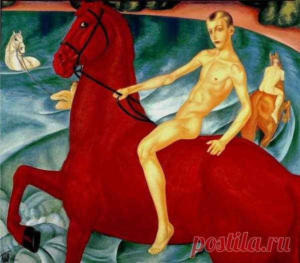 Петров-Водкин "Купание красного коня" (1912) Почему конь красный? Сильнейшее воздействие на художника оказала встреча с русскими иконами, что отразилось на его работе. Он утверждал, что этот цвет он перенял у древнерусских иконописцев: например на иконе «Чудо архангела Михаила» конь изображён совершенно красным.