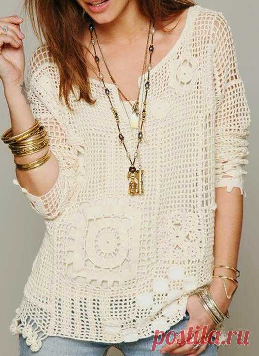 Crochet Free Form Patchwork Inspired Free People Fall Pullover - Charts and Instructions (Crochet patterns) When it comes to free form crochet most crochet fans who take up on trying it are keen on combining yarns and shapes into lovely looking finishes. However tempting , the multitude of colors might seem