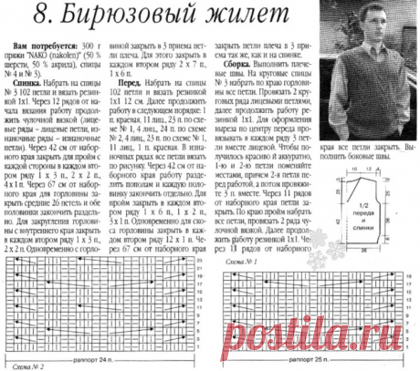 МК по вязанию спицами мужского бирюзового жилета с подробным описанием и схемой