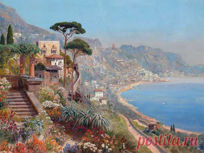 Скачать обои Пейзаж Alois Arnegger, вид Сорренто, южный пейзаж на рабочий стол 1600x1200