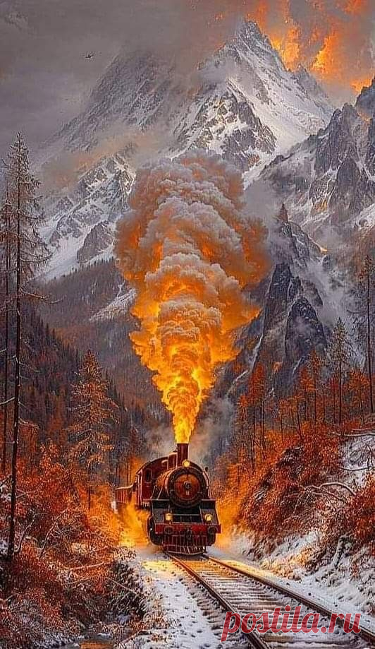 Стимпанк. Паровоз. Горы.
