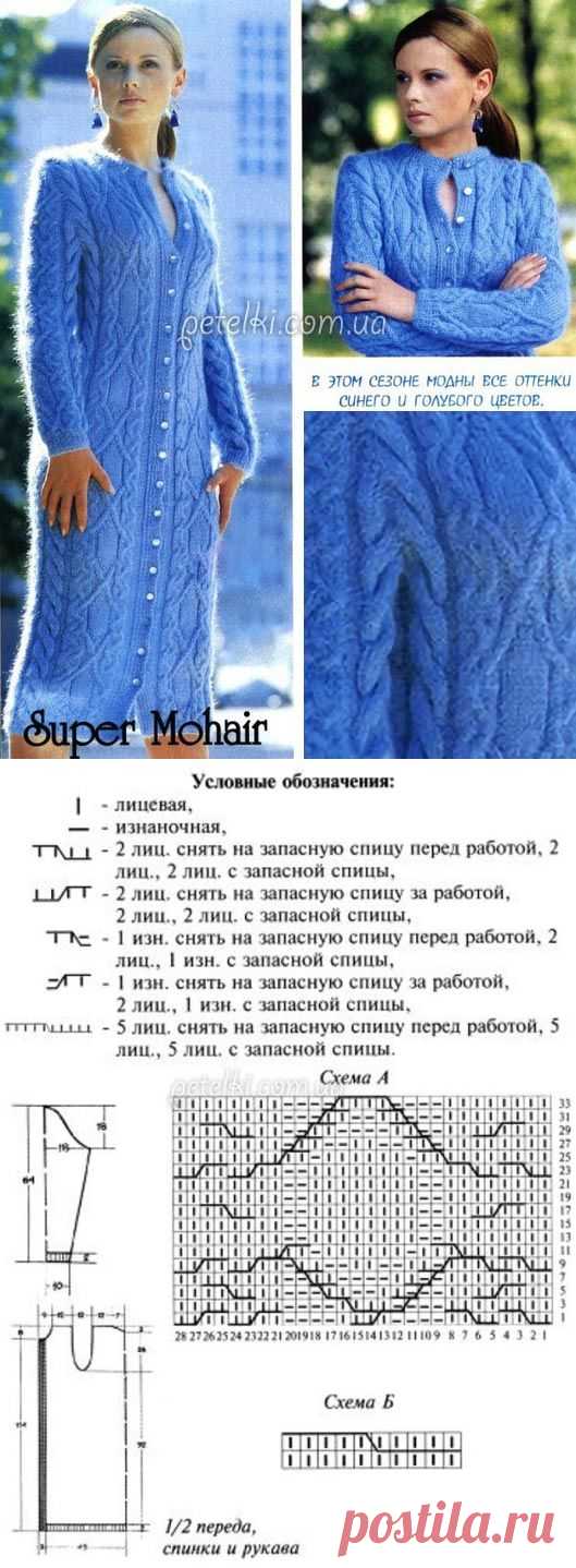 Пальто спицами с узором из жгутов. Описание вязания, схема