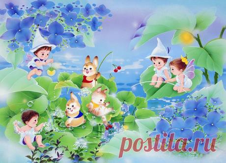 Фея и кошка, кролик, кто играет с иллюстрациями животных васаби рощ и гортензии