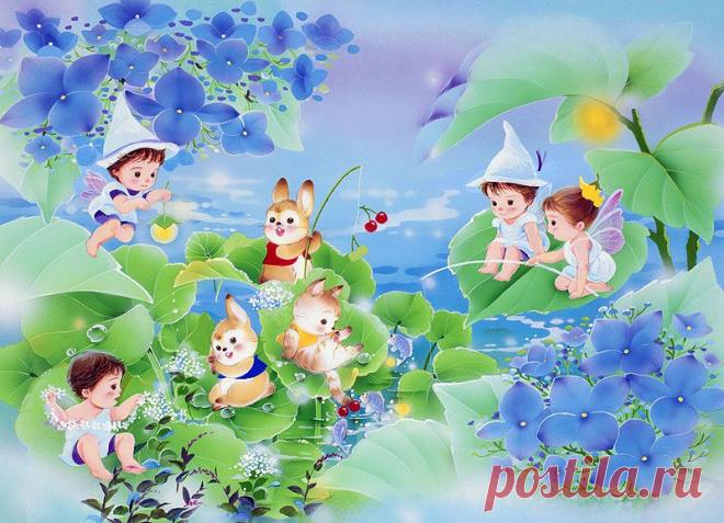 Фея и кошка, кролик, кто играет с иллюстрациями животных васаби рощ и гортензии