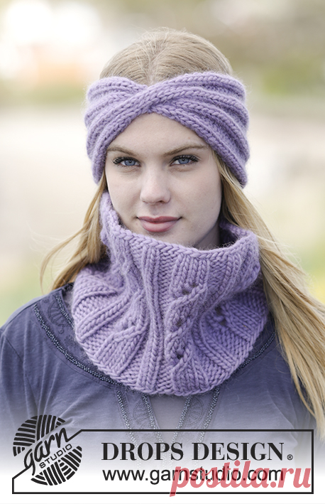 Warm Lavender - Set consists of: Knitted DROPS head band and neck warmer with rib in ”Eskimo”. - Free pattern by DROPS Design