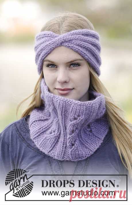 Warm Lavender - Set consists of: Knitted DROPS head band and neck warmer with rib in ”Eskimo”. - Free pattern by DROPS Design