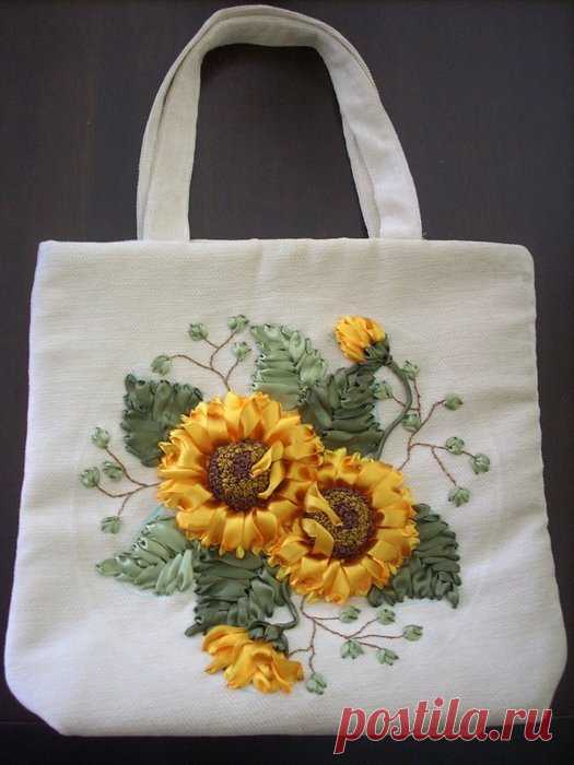 «Оранжевые подсолнухи на белой сумке с длинными ручками » — карточка пользователя orel.maria2015 в Яндекс.Коллекциях