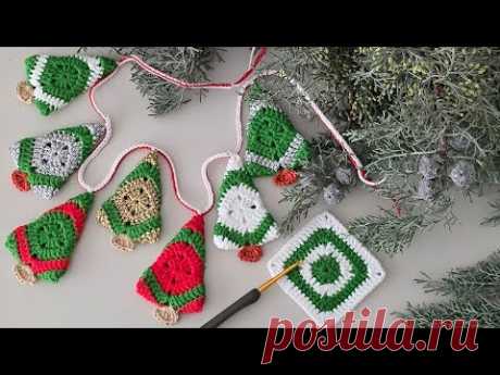 🎄Очень простой венок из сосны крючком с разноцветными квадратами на Рождество