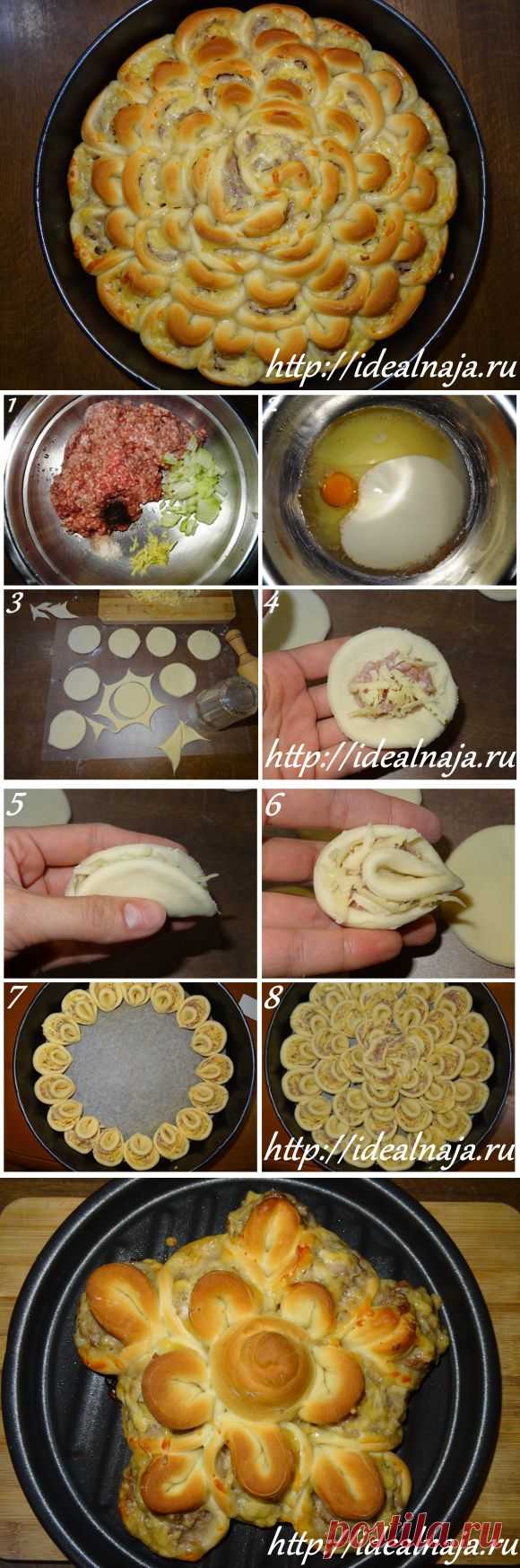 Закусочный пирог Хризантема с мясным фаршем | Женский сайт "Идеальная" - удачный рецепт с пошаговыми фото.