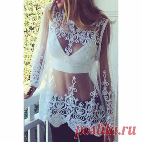 Sexy Round Neck Long Sleeve Spliced See-Through Women's Blouse | TwinkleDeals.com