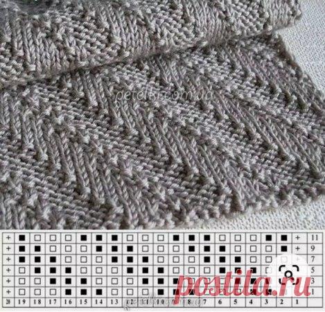 Двухстронний узор для шарфов, пледов и других изделий.
Чередования изнаночных и лицевых петель.
Схема вязания узора спицами.