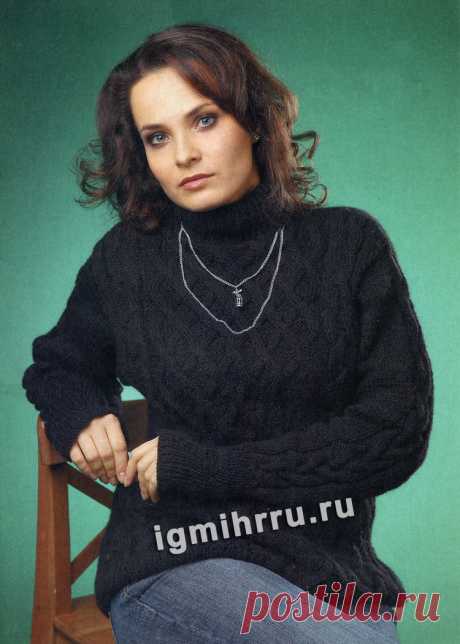 Классический черный свитер с «косами». Вязание спицами со схемами и описанием