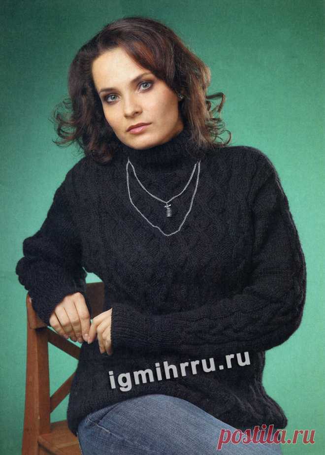 Классический черный свитер с «косами». Вязание спицами со схемами и описанием