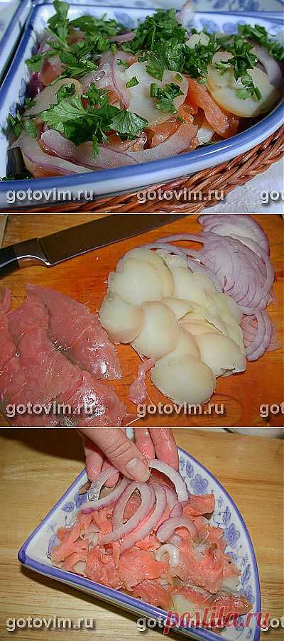 Слоеный салат с малосольной семгой и картофелем. Фото-рецепт