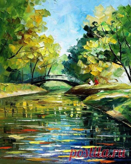 Resting By The Bridge — PALETTE KNIFE Landscape Oil Painting On Canvas By Leonid…Афремов.