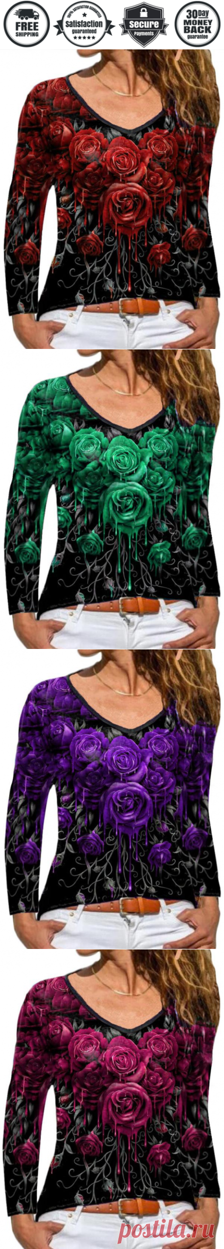Rose printed elegant long sleeve v neck T-shirts tops for women - Cicicloth