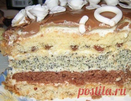 Торт проще простого
Коржей всего четыре: с изюмом, какао, маком, орехами
Ингредиенты:
для одного коржа:
1 яйцо
1 ч. ложка крахмала
0,5 ч. ложки соды или разрыхлителя
0,5 стакана сахара
0,5 стакана сметаны
0,5 стакана муки
Приготовление:
Всё смешать и добавить в один корж изюм, в один корж какао, в один корж мак, в один корж орехи по вкусу.
Крем: взбить 600 г. сметаны (или сливок) с 3 столовыми ложками сахара, пакетиком ванильного сахара и закрепителем для сливок.
Украсить шоколадной глазу