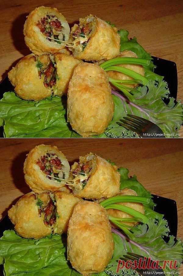 Хрустящий фаршированный картофель с ветчиной и сыром.