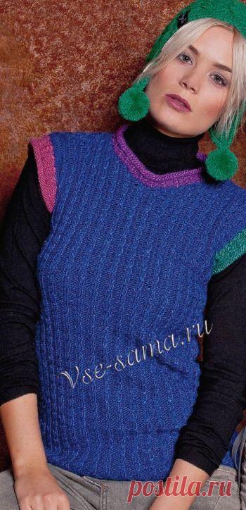 Синяя безрукавка спицами - Жилеты, безрукавки спицами