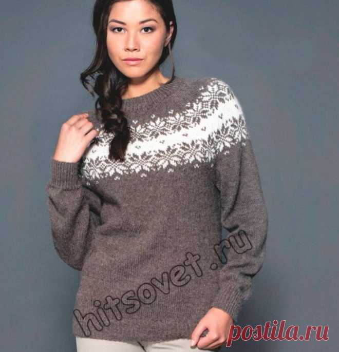 Пуловер с круглой жаккардовой кокеткой - запись пользователя Лисик (Светлана) в сообществе Вязание спицами в категории Вязание для женщин спицами. Схемы вязания спицами Вам потребуется: 450 (500, 550, 600) грамм меланжевой коричневой и 100   грамм натурально-белой пряжи Alpakka, состоящей из 100% шерсти альпака;   длиной нити 110 метров в 50 граммах; круговые и чулочные спицы № 3 и   3,5; маркеры петель.