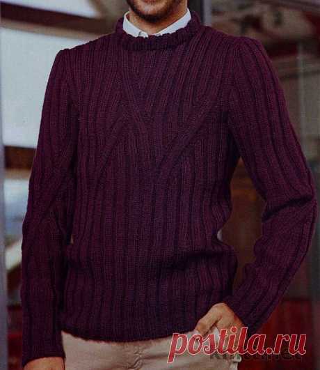 Вязаный спицами мужской пуловер бордового цвета | knitt.net | Все о вязании