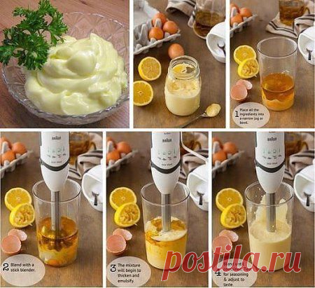 Домашний вкуснейший майонез.
И больше никакого магазинного!
Время приготовления: 10 минут 
Порций: 4
Вам потребуется:
2 яйца
3 столовых ложки лимонного сока
1 чайная ложка горчицы
1/2 чайной ложки соли
перец по вкусу
1,25 стакана оливкового или другого масла
Как готовить:
Взбейте в блендере все ингредиенты до воздушной густой однородной массы. 
Приятного аппетита!