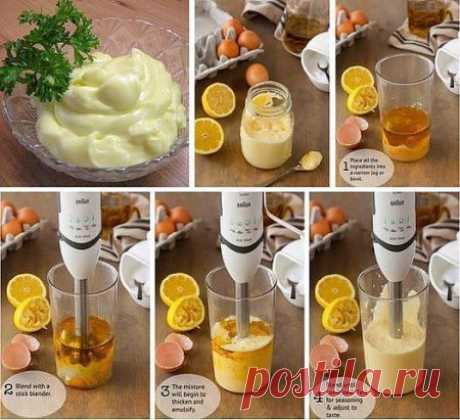 Домашний вкуснейший майонез.
И больше никакого магазинного!
Время приготовления: 10 минут 
Порций: 4
Вам потребуется:
2 яйца
3 столовых ложки лимонного сока
1 чайная ложка горчицы
1/2 чайной ложки соли
перец по вкусу
1,25 стакана оливкового или другого масла
Как готовить:
Взбейте в блендере все ингредиенты до воздушной густой однородной массы. 
Приятного аппетита!