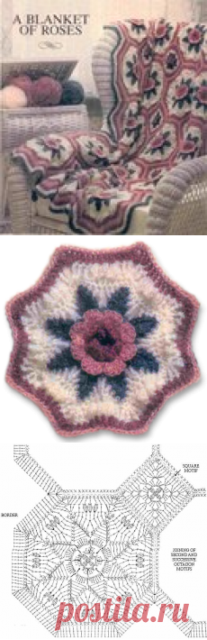 Вязание крючком. Плед с розами