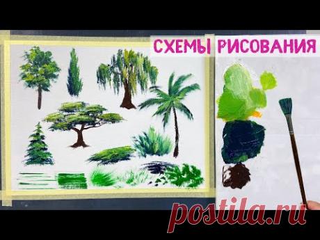 Как нарисовать деревья веерной кистью. How to paint trees with fan brush. Step by step